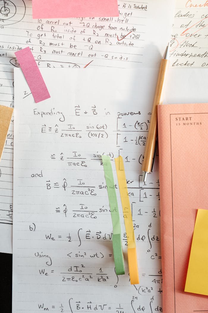 Detailed math notes with handwritten equations and colorful papers, perfect for educational use.